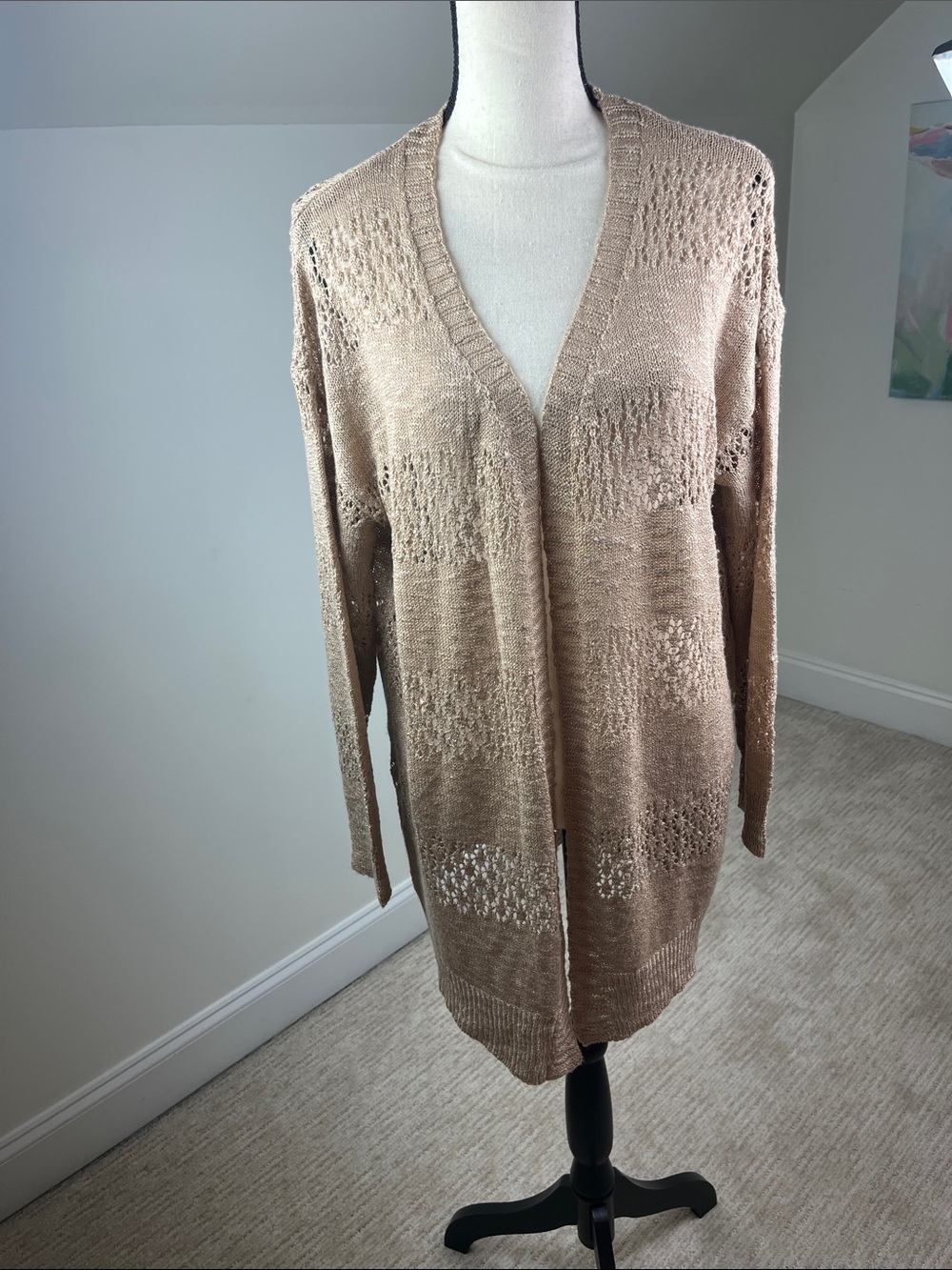 Besfly Open Front Crochet Knit Cardigan XL Lightweight Tan Boho